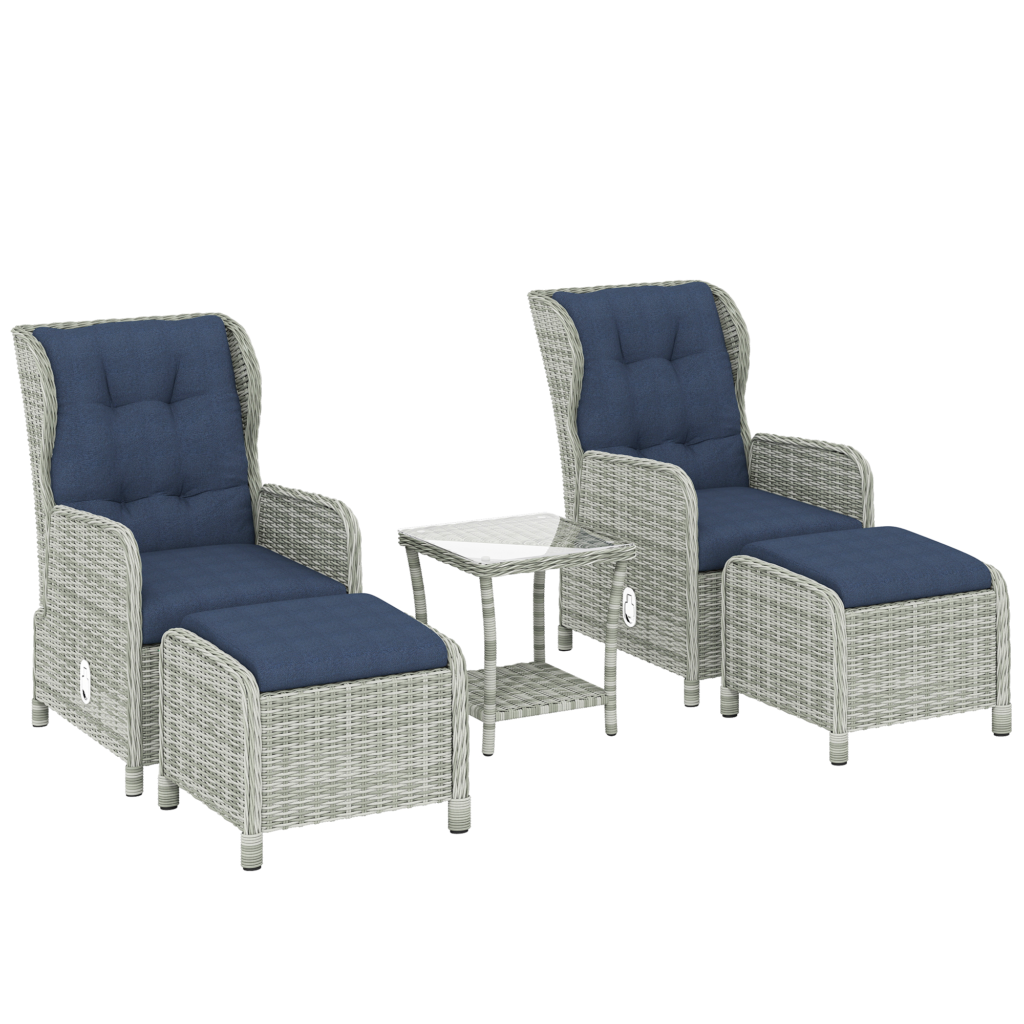 Outsunny 5-Piece Rattan Reclining Garden Chair Set With Footstools And Side Table (Dark Blue)