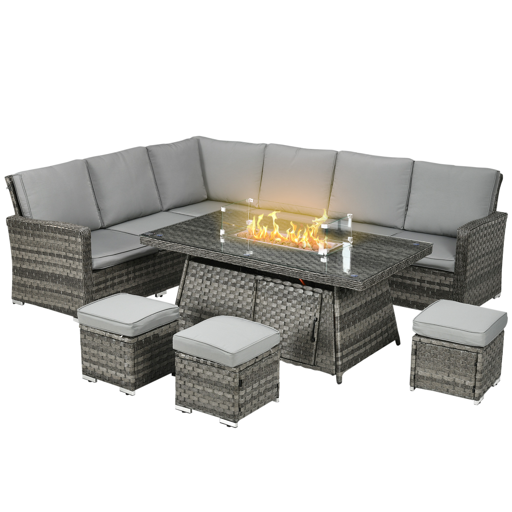 Outsunny 9-Seater PE Rattan Garden Sofa Set With Gas Fire Pit Table (Grey)