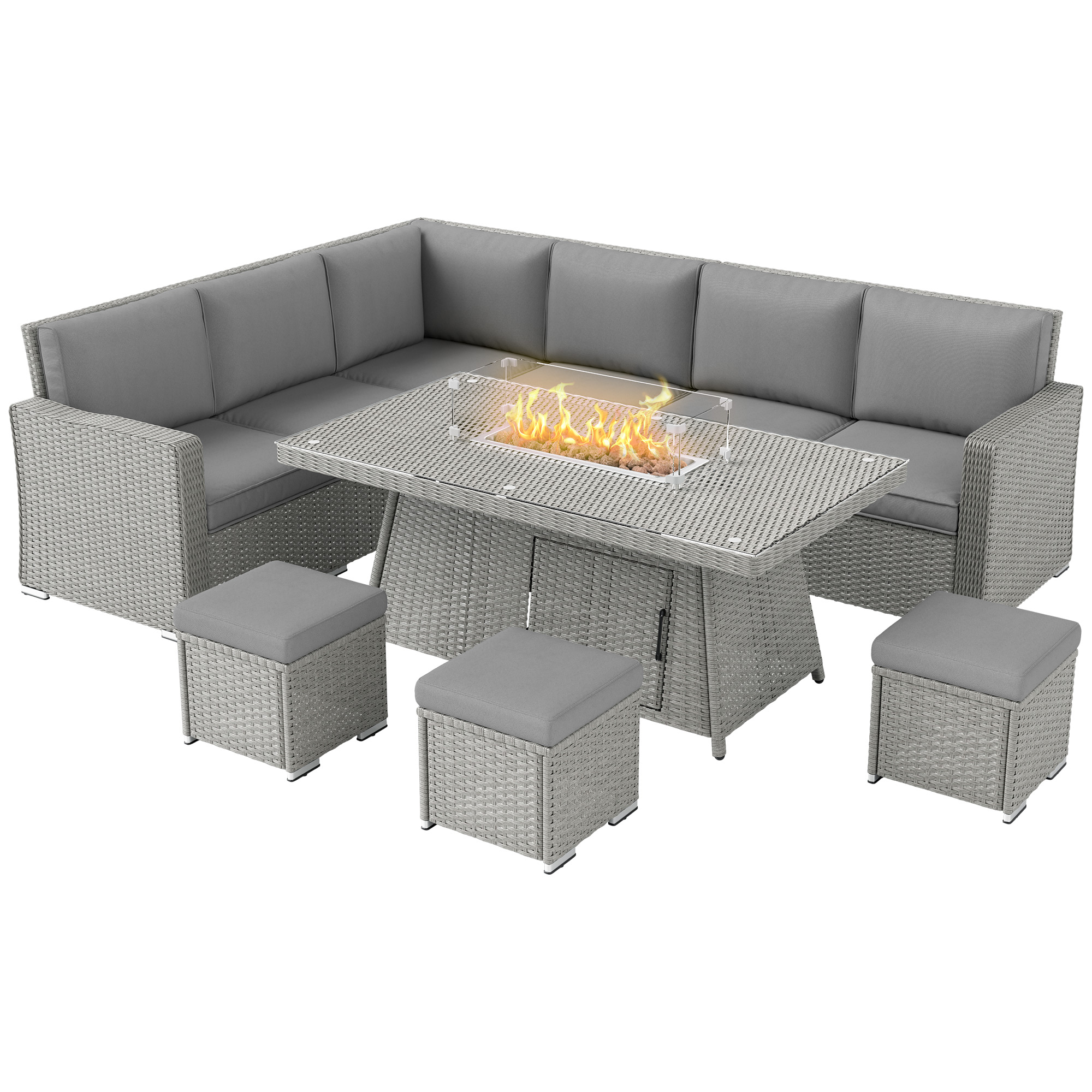 Outsunny Seven-Piece Firepit Table Rattan Sofa Set (Grey)