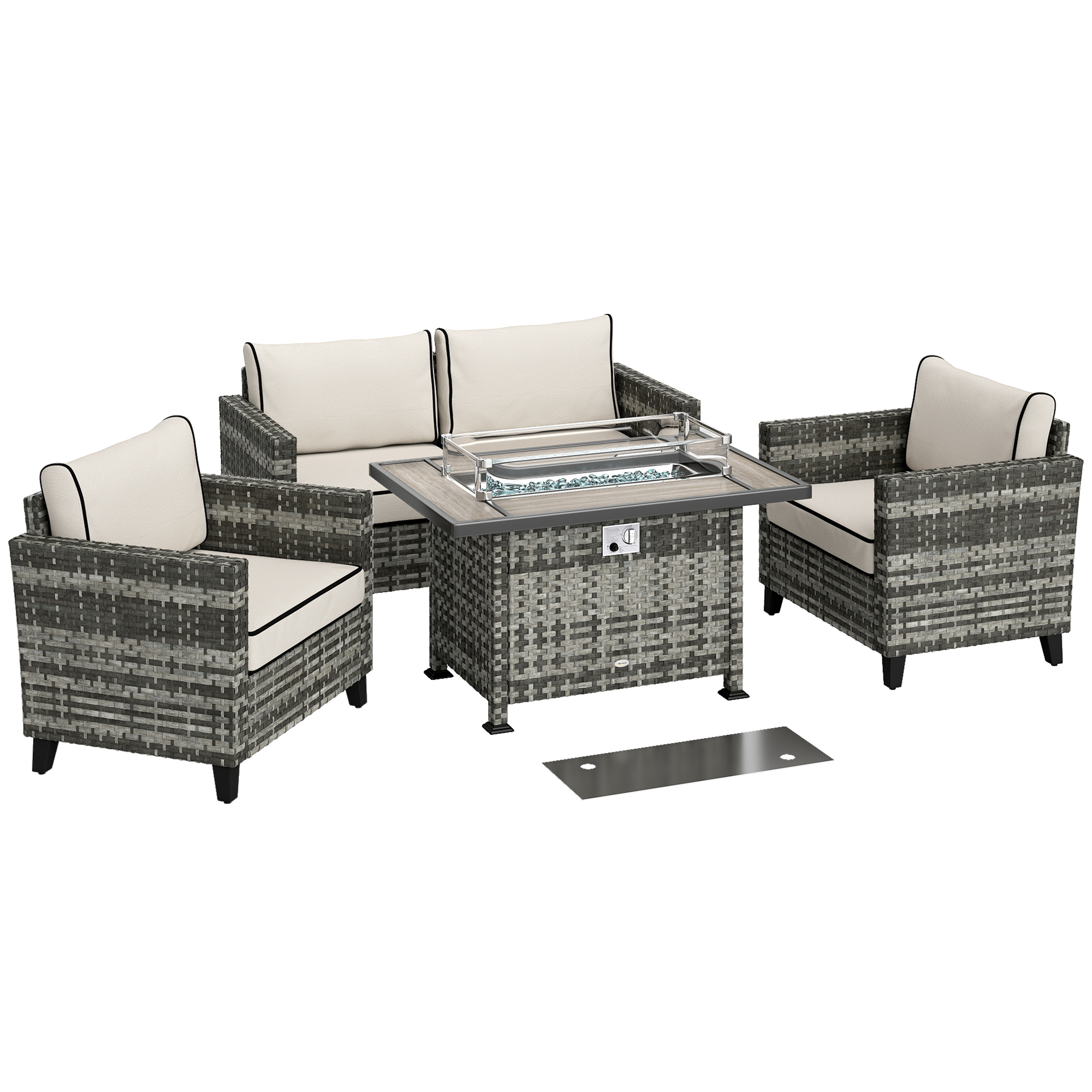 Outsunny 5-Piece Rattan Sofa Set With Gas Fire Pit Table (Grey)