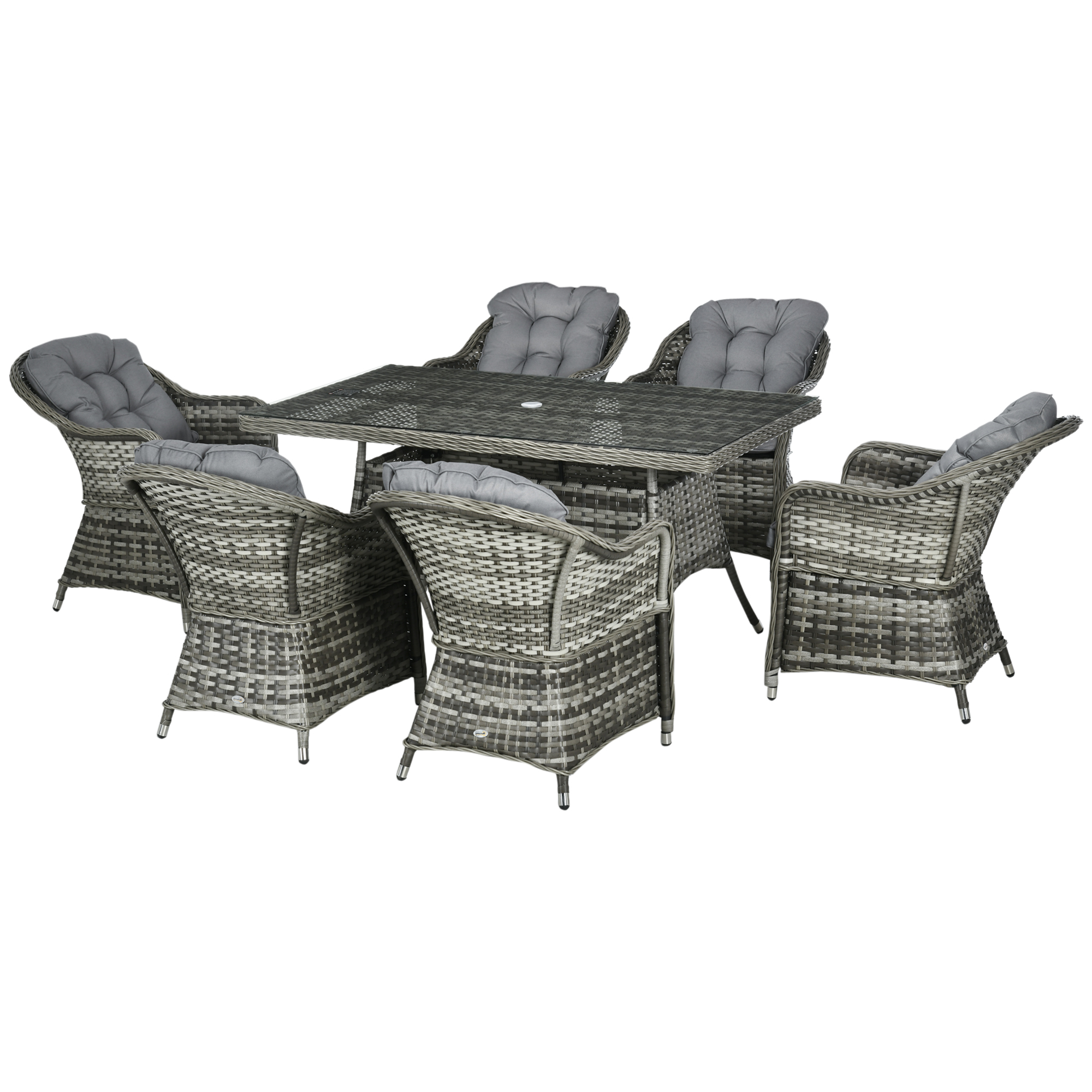 Outsunny Rattan Dining Set 7-Piece With Tempered Glass Table (Grey, 150cm x 90cm x 75cm)
