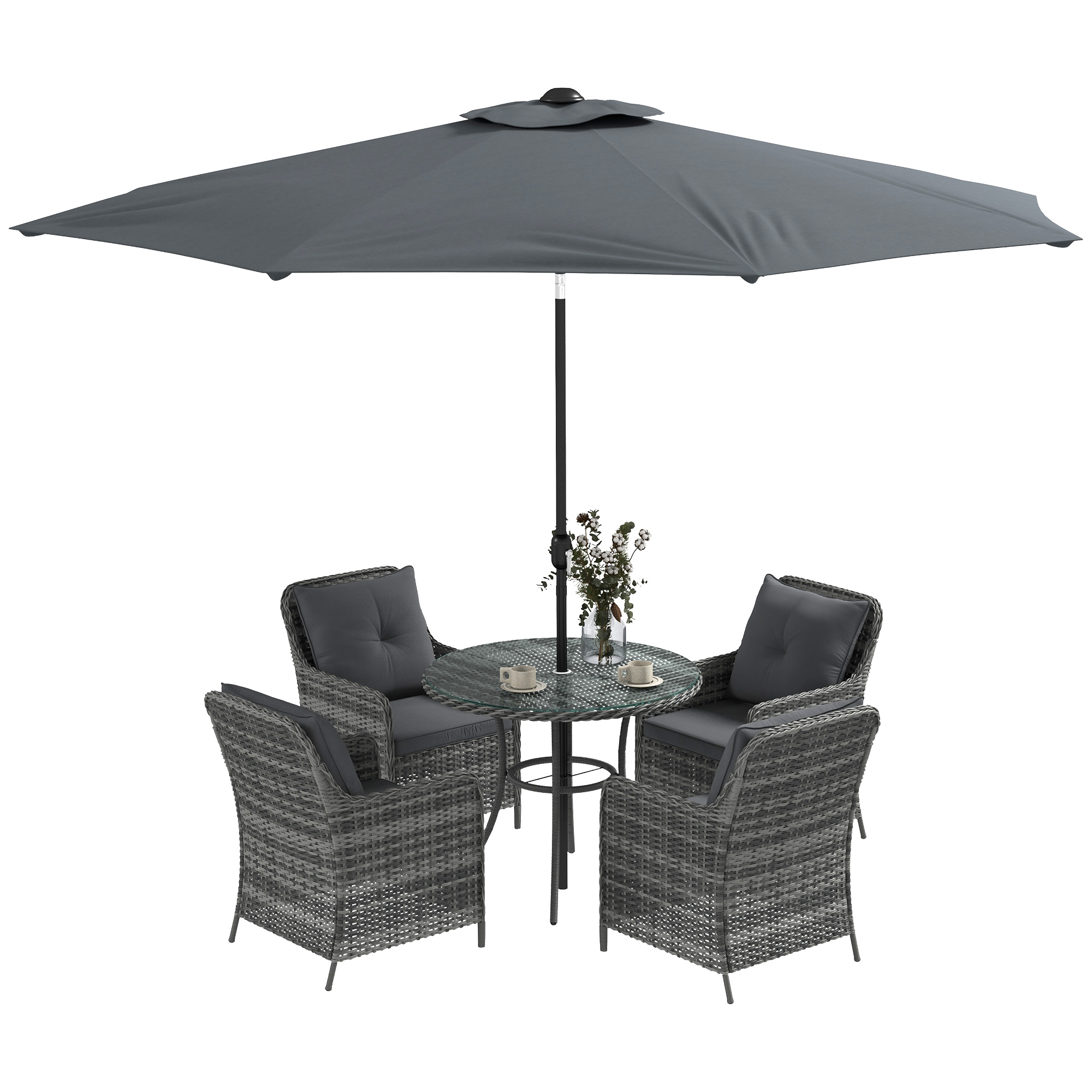 Outsunny Rattan Dining Set With Parasol & Cushions (Mixed Grey, 4 Seater)