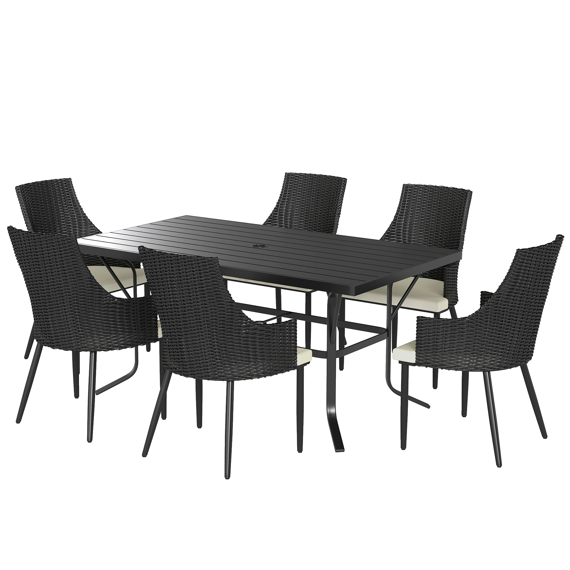 Outsunny Rattan Dining Set 6 Seater With Cushions (Cream White, 150 x 90 x 74cm)