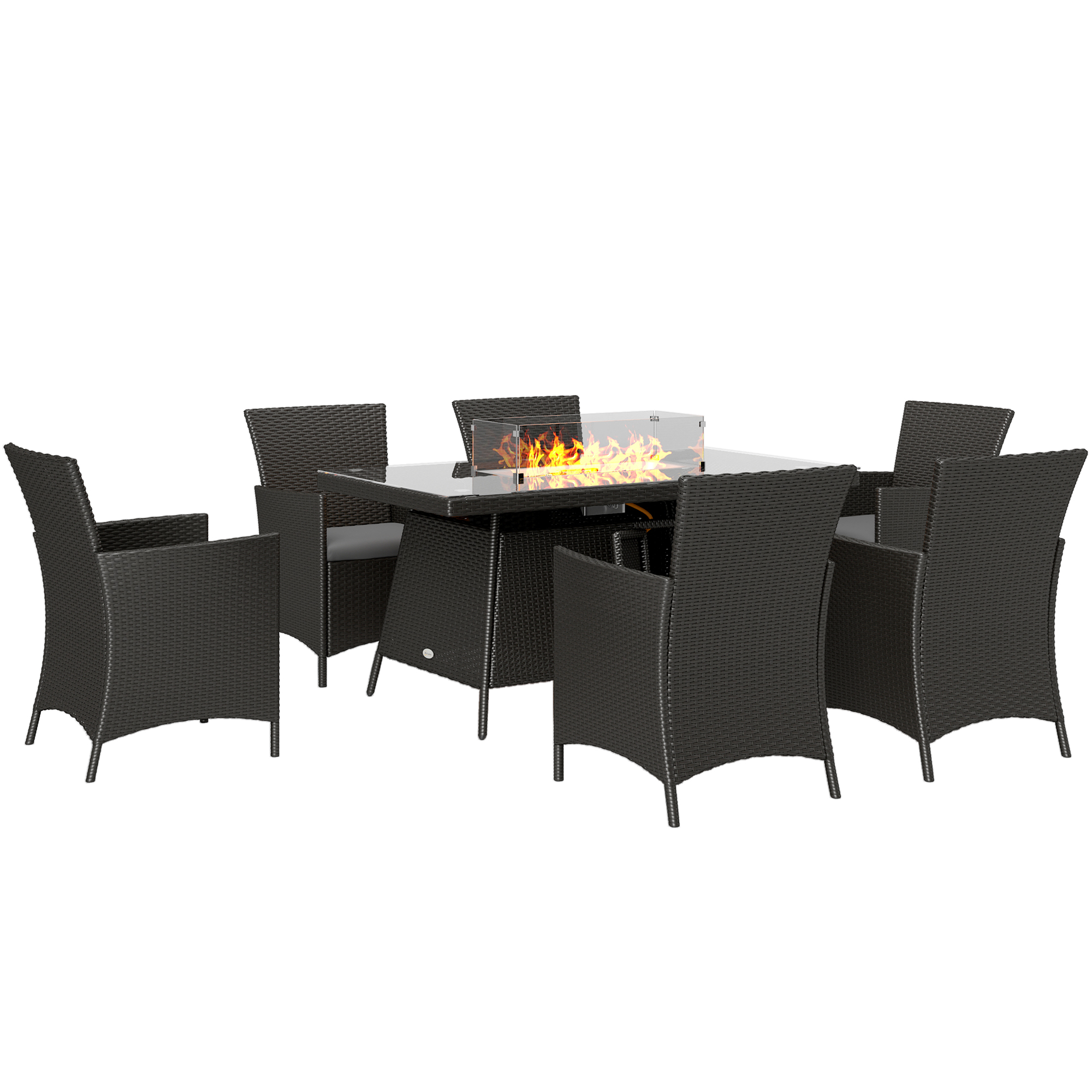 Outsunny Patio Rattan Dining Set With Fire Pit Table 7-Piece (Black, 150cm x 85cm x 74cm)