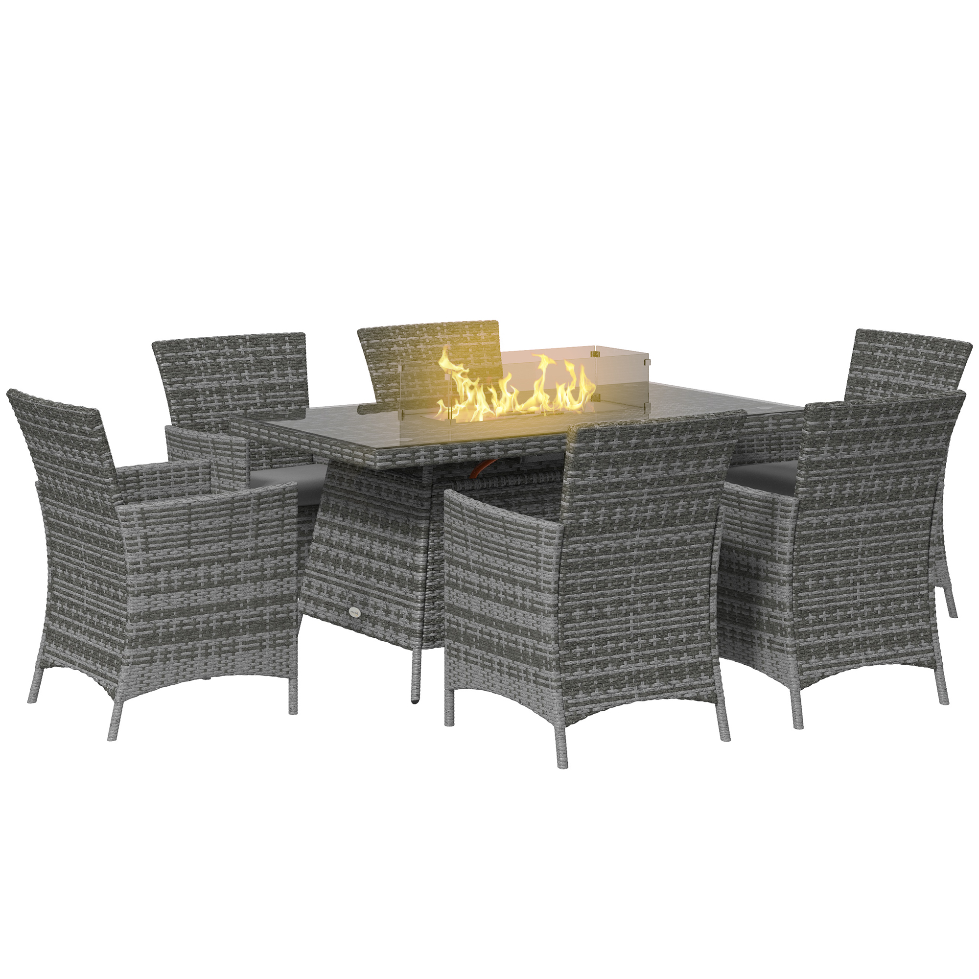 Outsunny 7-Piece Rattan Dining Set With Fire Pit Table (Grey, 150cm x 85cm)