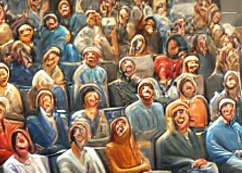 DALL.E image, zoomed in on jumbled up faces.