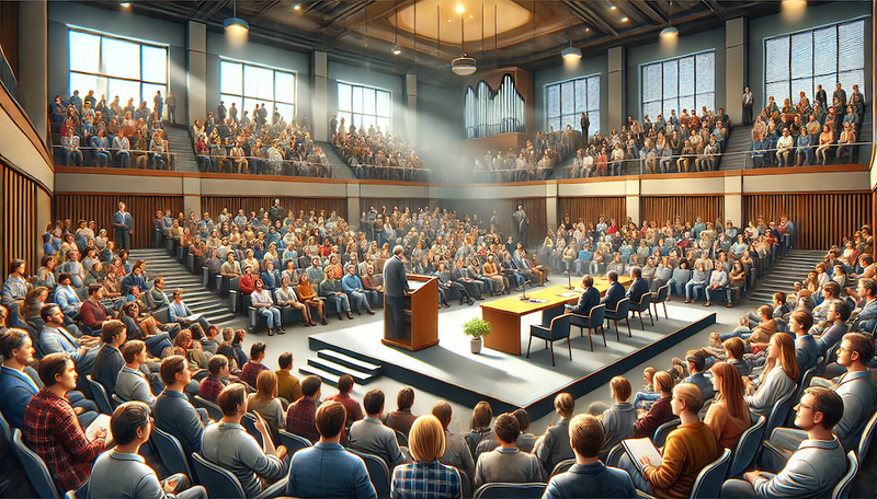 DALL·E image of lecture theatre full of white men