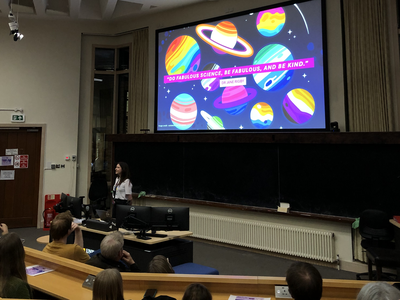 Frances Rigby speaking at the Institute of Astronomy.