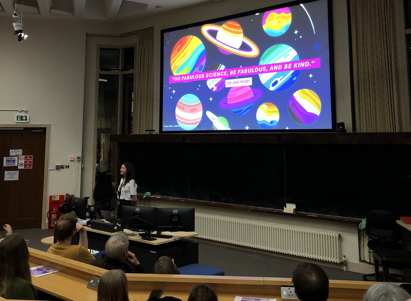 Frances Rigby speaking at the Institute of Astronomy.