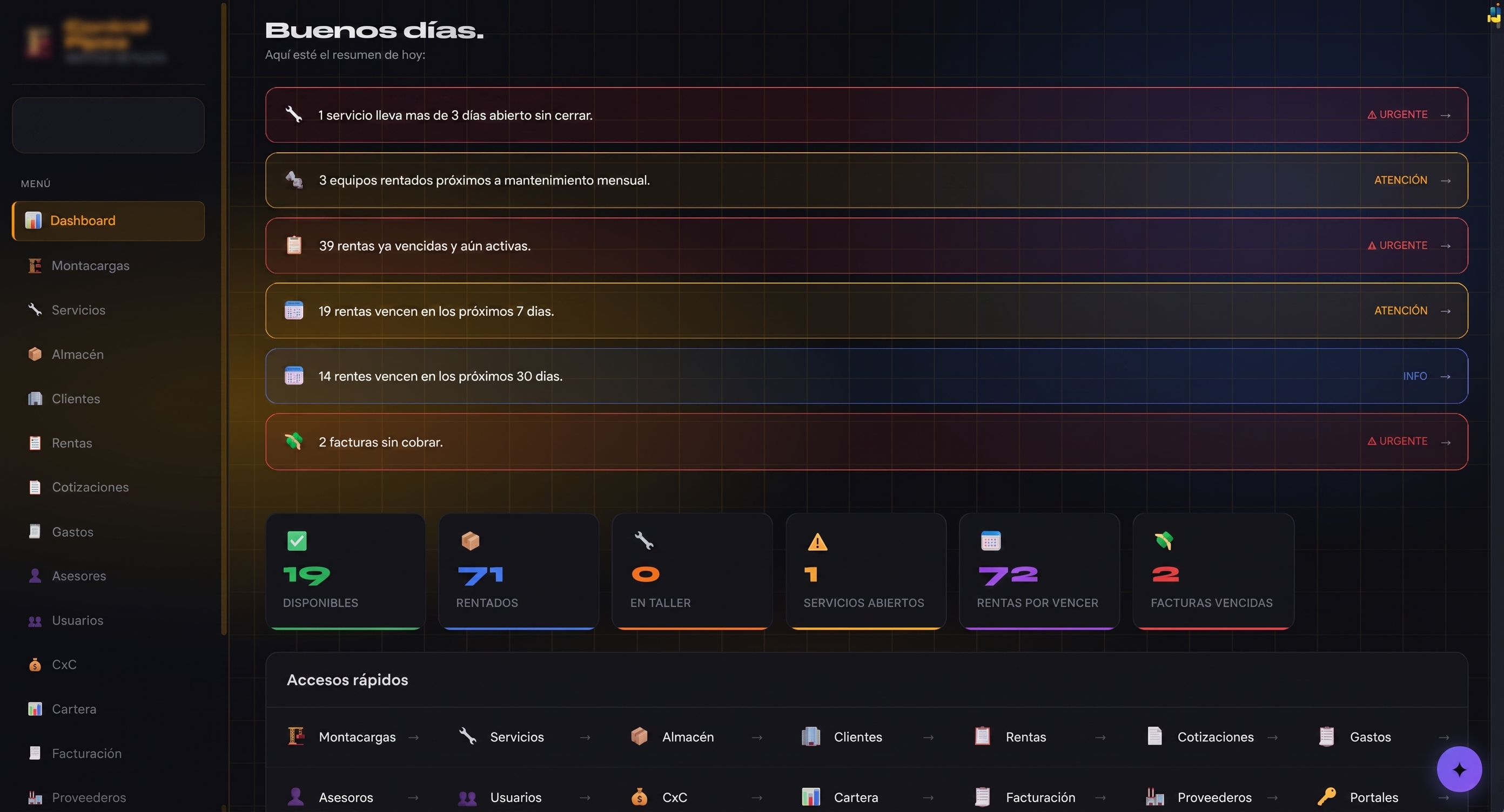 Panel de control del sistema de gestión de flota