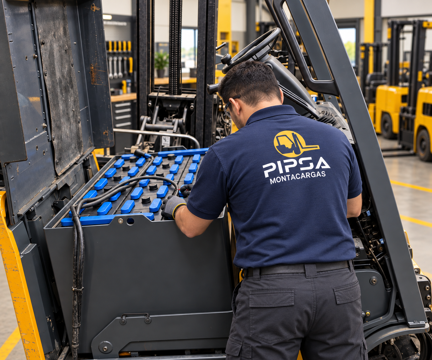 Imagen ilustrativa de un técnico con uniforme de PIPSA realizando mantenimiento a un montacargas eléctrico