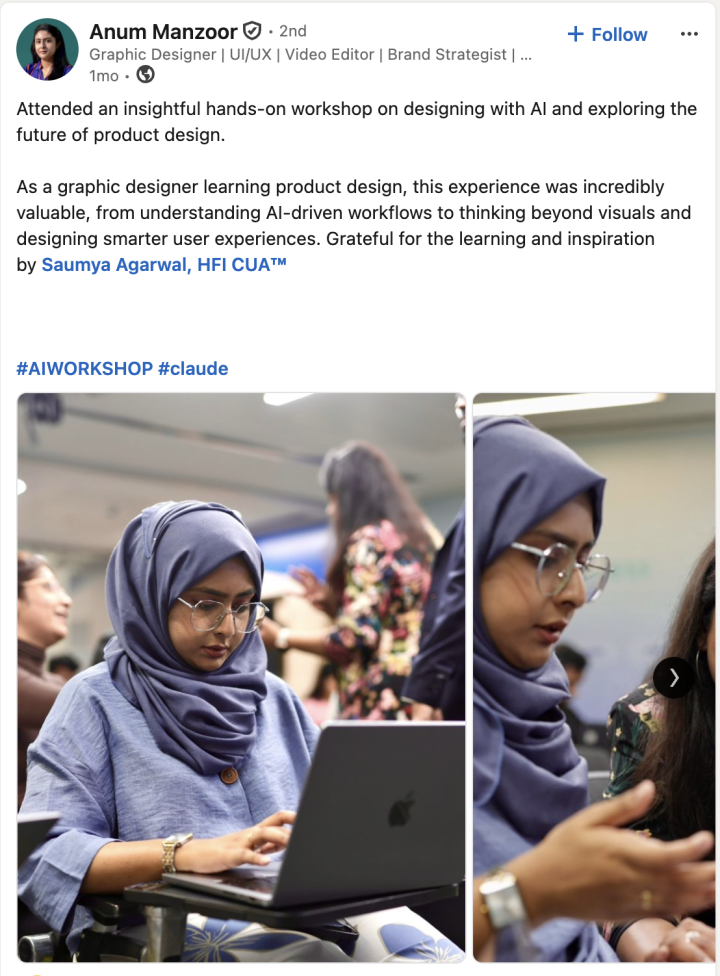 LinkedIn post about attending the hands-on designing-with-AI workshop at Practice Shift