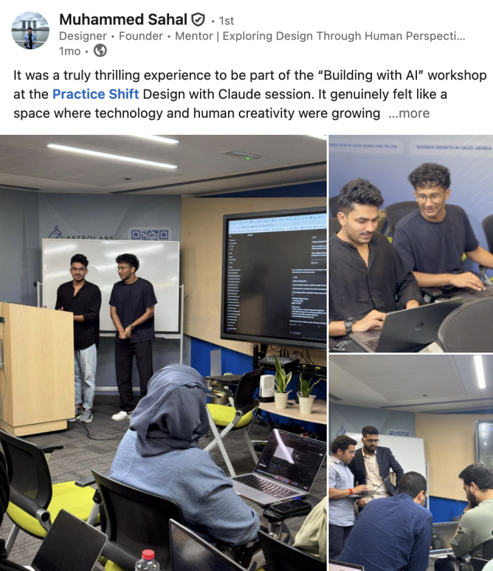 LinkedIn post reflecting on UX design after the Practice Shift workshop