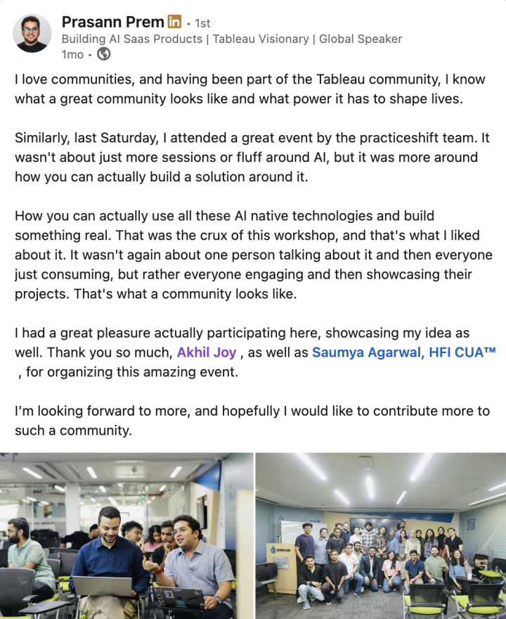LinkedIn post from a Practice Shift attendee thanking the organizers after showcasing their idea
