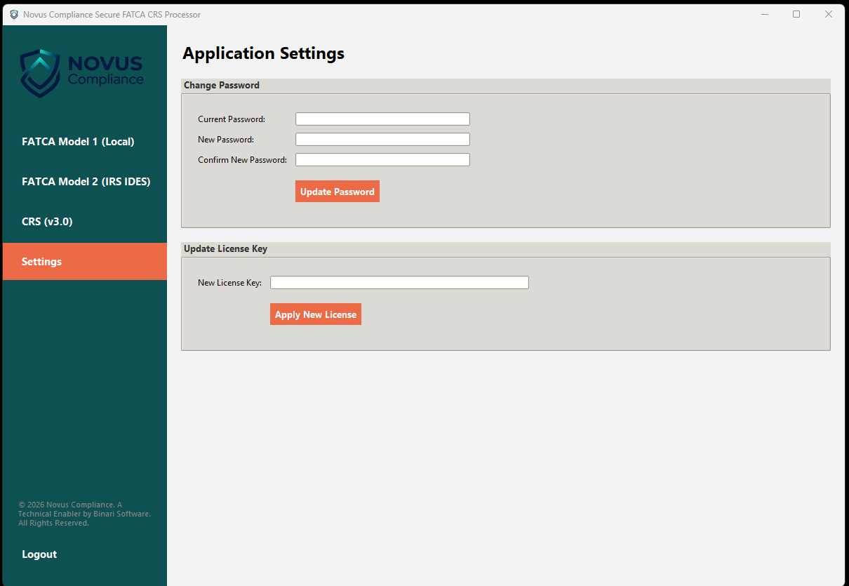 Application Settings screen with Change Password and Update License Key sections