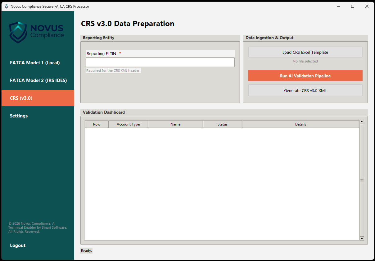CRS v3.0 Data Preparation screen with Reporting FI TIN, Load CRS Excel Template, Run AI Validation Pipeline, and Generate CRS v3.0 XML buttons