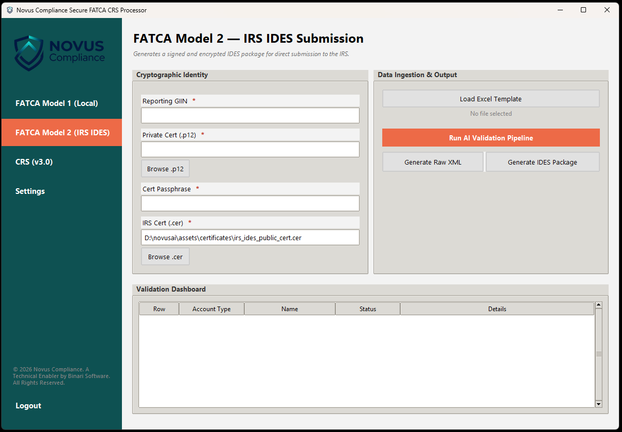 FATCA Model 2 configuration screen with Reporting GIIN, Private Cert .p12, Cert Passphrase, and IRS Cert .cer fields