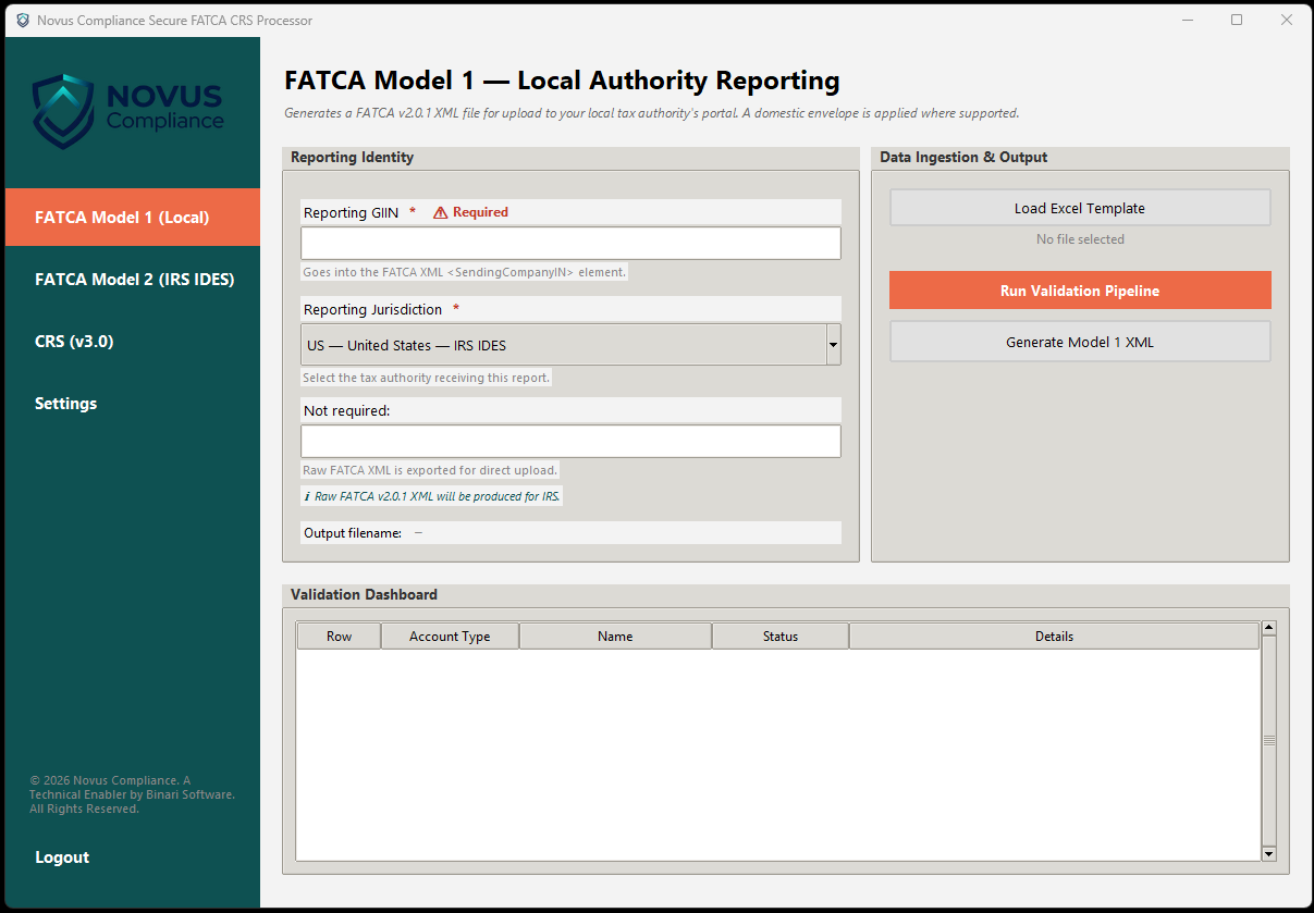 FATCA Model 1 configuration screen with Reporting GIIN, Reporting Jurisdiction dropdown, and Generate Model 1 XML button