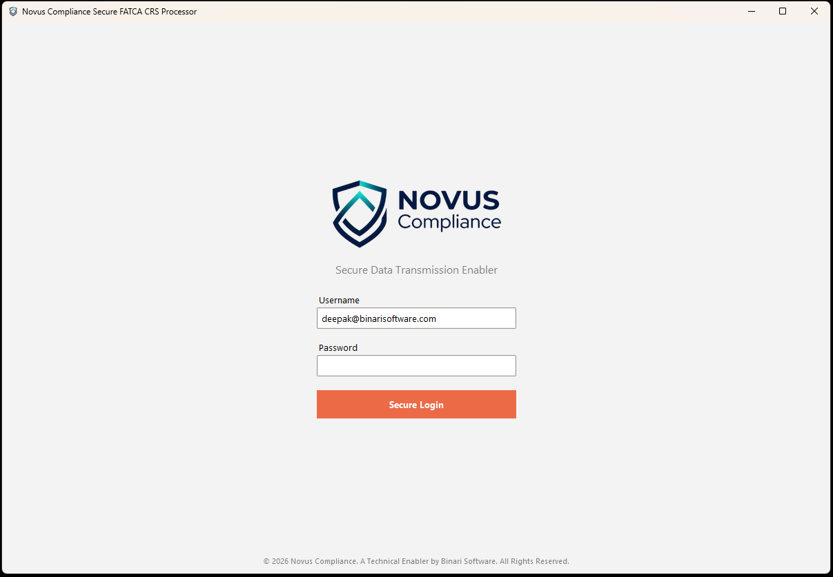 Novus Compliance Desktop App login screen with username and password fields