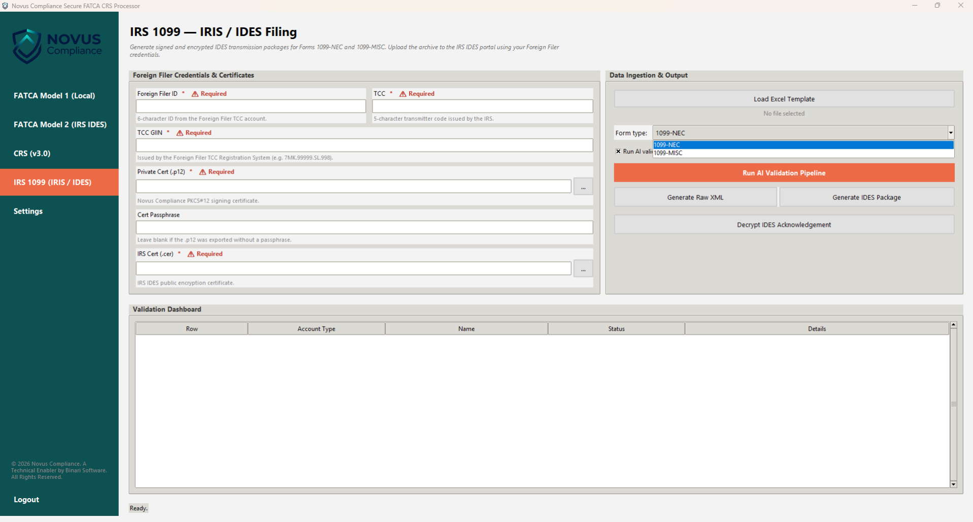 1099 filing view with validation dashboard