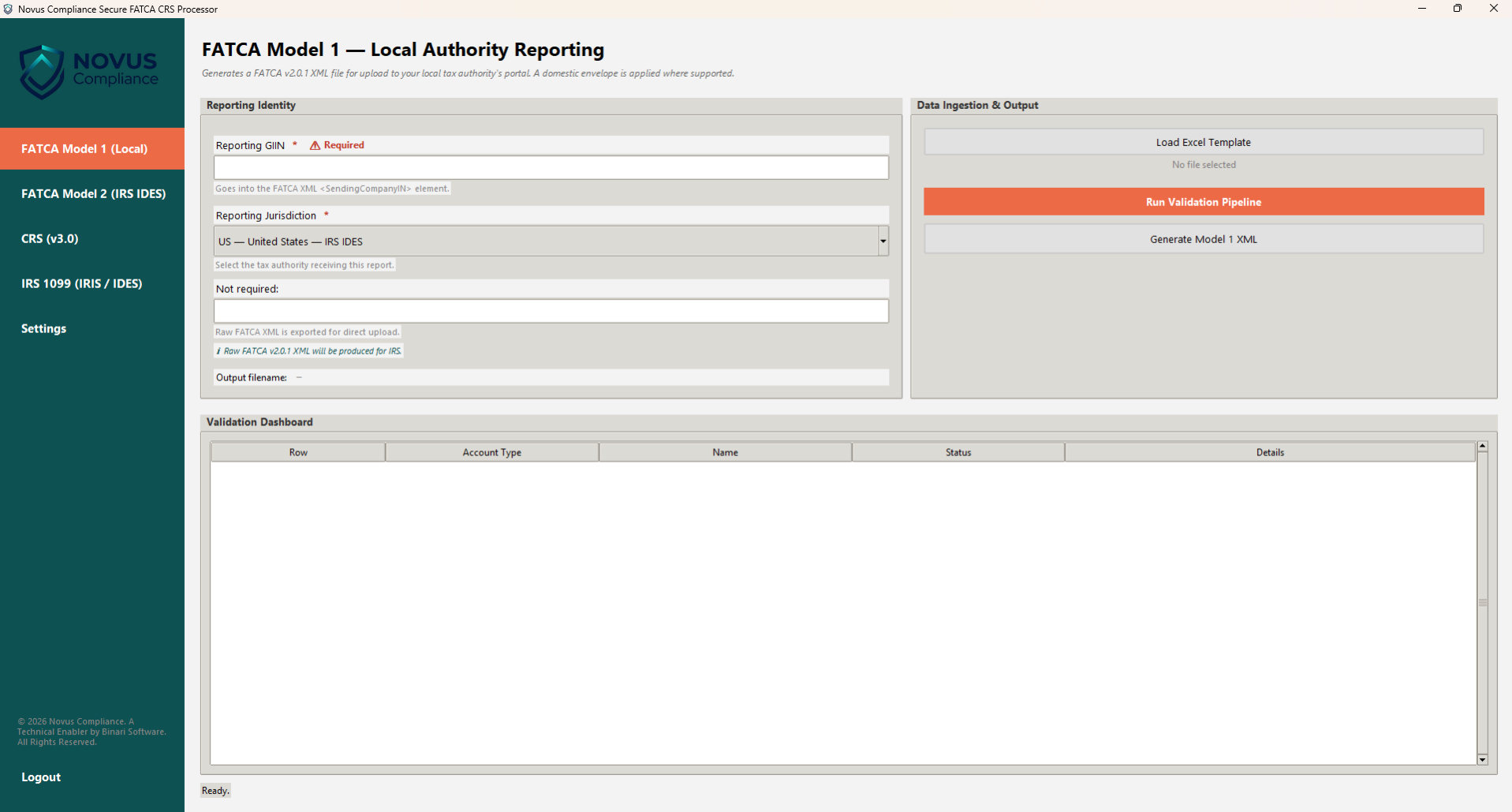 Novus Compliance Desktop — FATCA Model 2 dashboard