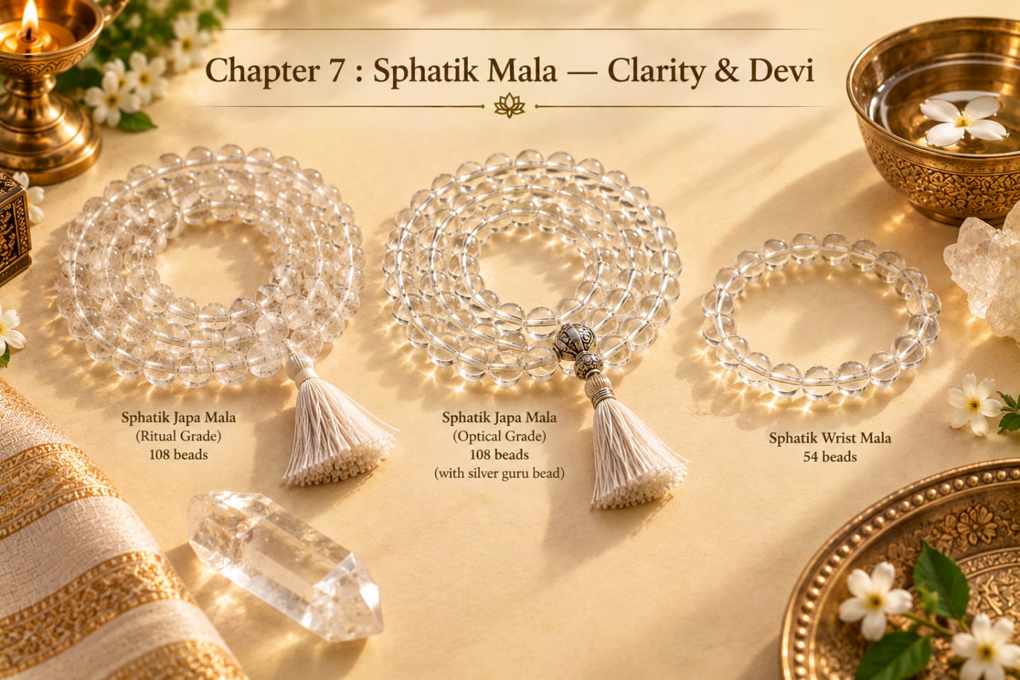 Illustration: Sphatik Mala — Clarity & Devi