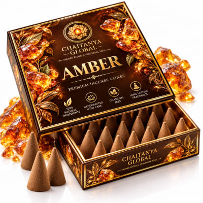 Amber Premium Incense Cones — Rich Resinous Amber, Solid Dhoop Cones, Zero Charcoal, Gift Box — opened