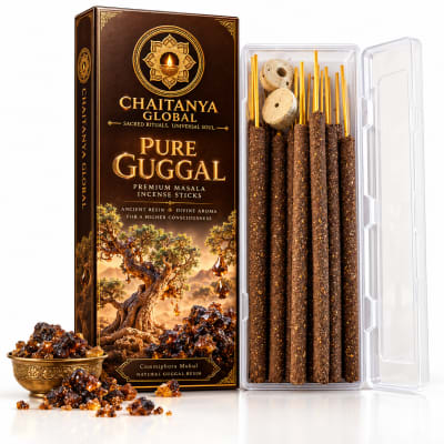 Pure Guggal Thick Masala Incense Sticks — Authentic Guggal Resin, Zero Charcoal, Slow Burn, Gift Box with Clear Case — opened