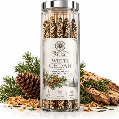 White Cedar Thick Smudge Incense Sticks — Raw Botanical Cedar Blend, Zero Charcoal, Slow Burn, Glass Jar — opened