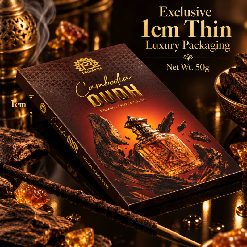 Cambodia Oudh box shown at 1 cm thickness with a single incense stick