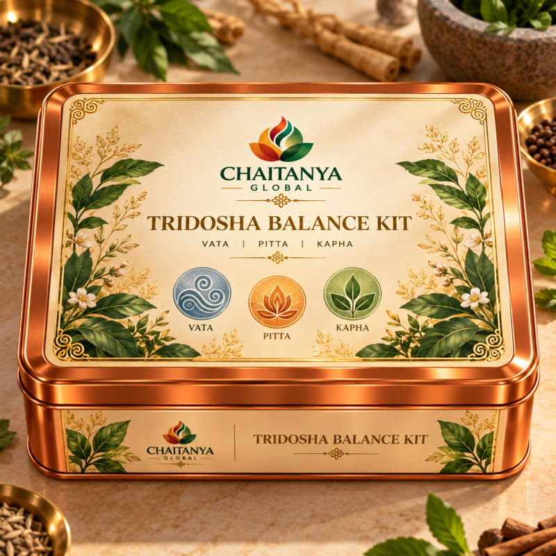 Chaitanya Global Tridosha Balance Kit — copper tin with Vata, Pitta, Kapha symbols