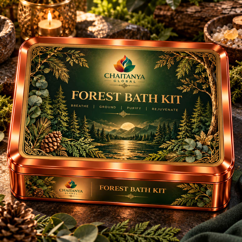 Chaitanya Global Grounding Forest Bath Kit — copper tin with pine forest lid