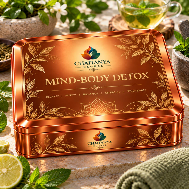 Chaitanya Global Mind-Body Detox Kit — copper tin with leaf-pattern lid