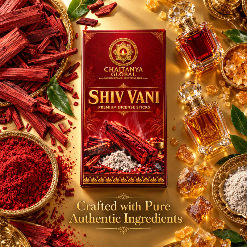 Shiv Vani Luxury Incense, Chaitanya Global box with red sandalwood, kumkum and vibhuti
