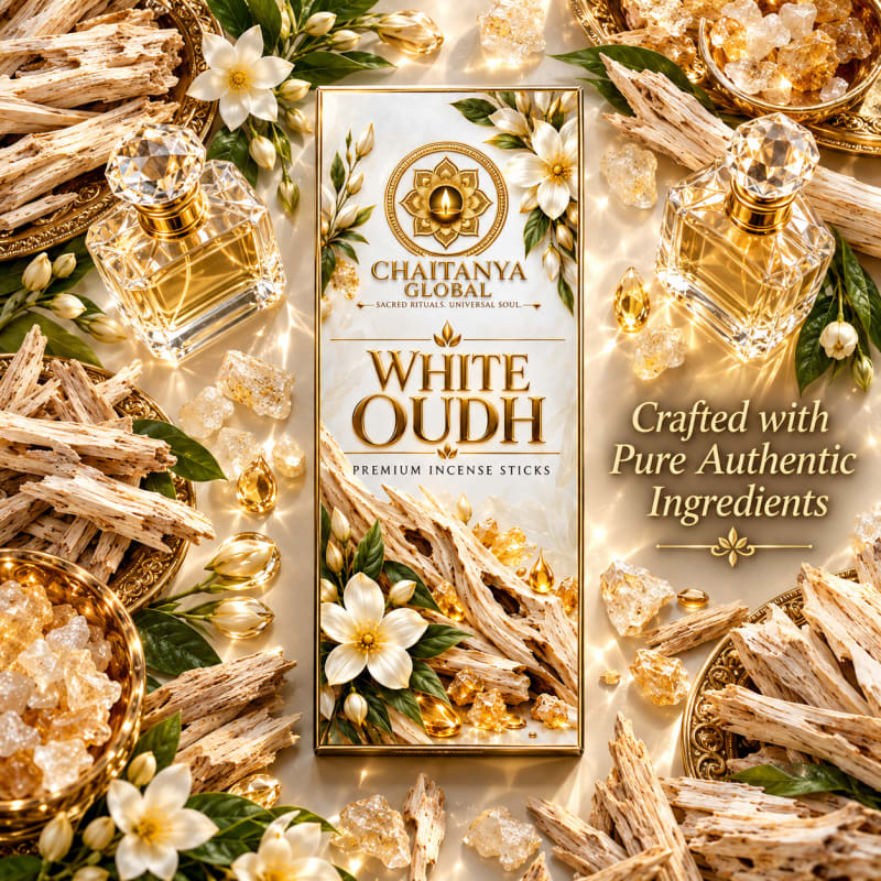 White Oudh Luxury Incense, Chaitanya Global box with pale agarwood, resin and white flowers