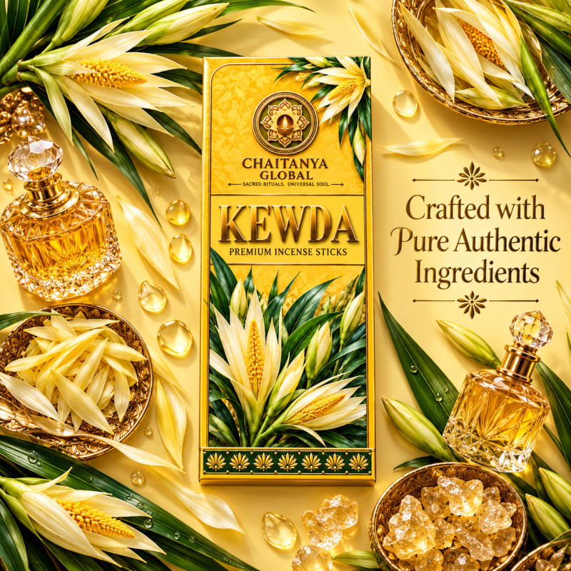 Kewda Luxury Incense, Chaitanya Global box with kewda flowers and leaves, attar bottles and resin