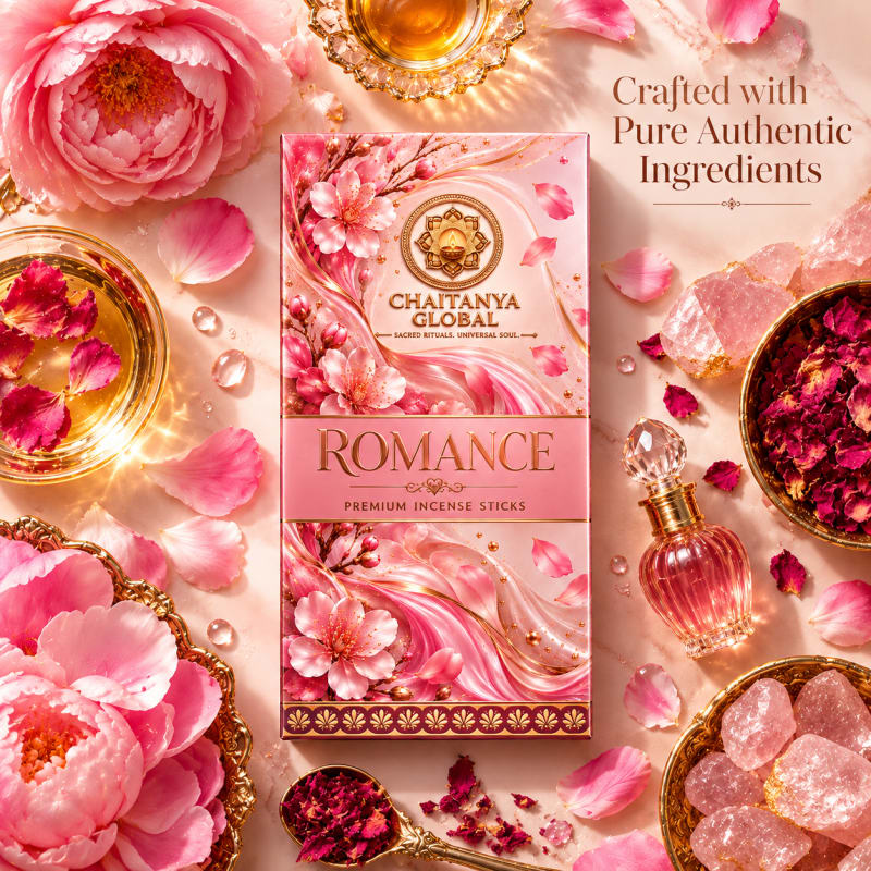 Romance Luxury Incense, Chaitanya Global box with pink peonies, rose petals and rose quartz