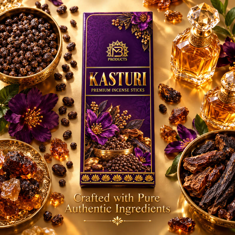 Kasturi Luxury Incense, Chaitanya Global box with black musk grains, violet flowers and perfume bottles