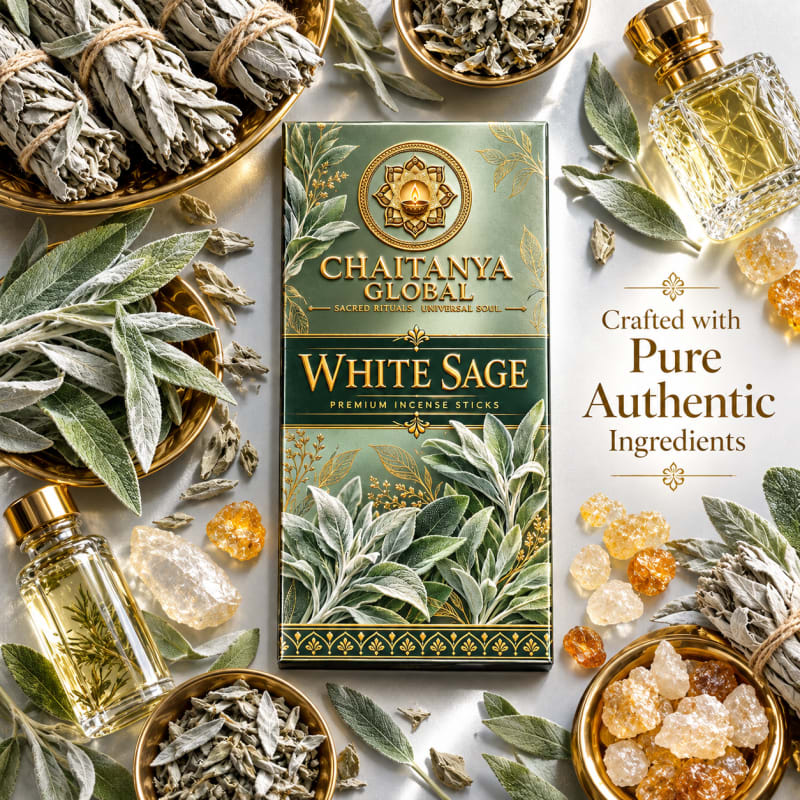 White Sage Luxury Incense, Chaitanya Global box with white sage bundles, resin and crystals