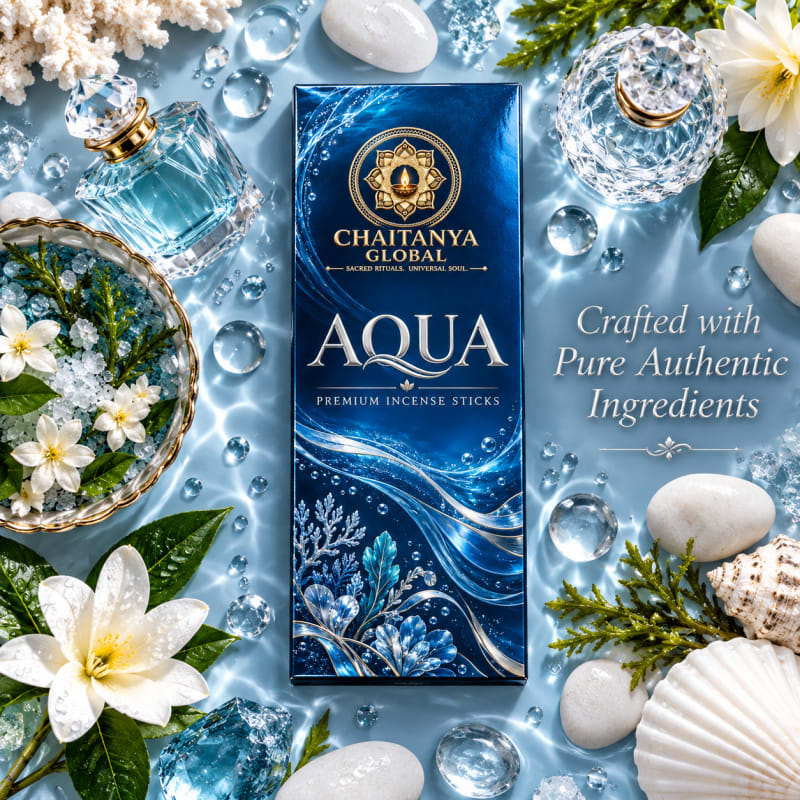Aqua Luxury Incense, Chaitanya Global box with white flowers, sea shells and crystals