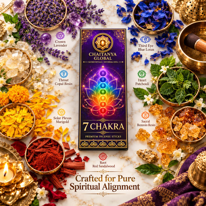 7 Chakra Luxury Incense, Chaitanya Global box with seven chakra flowers, resins and spices