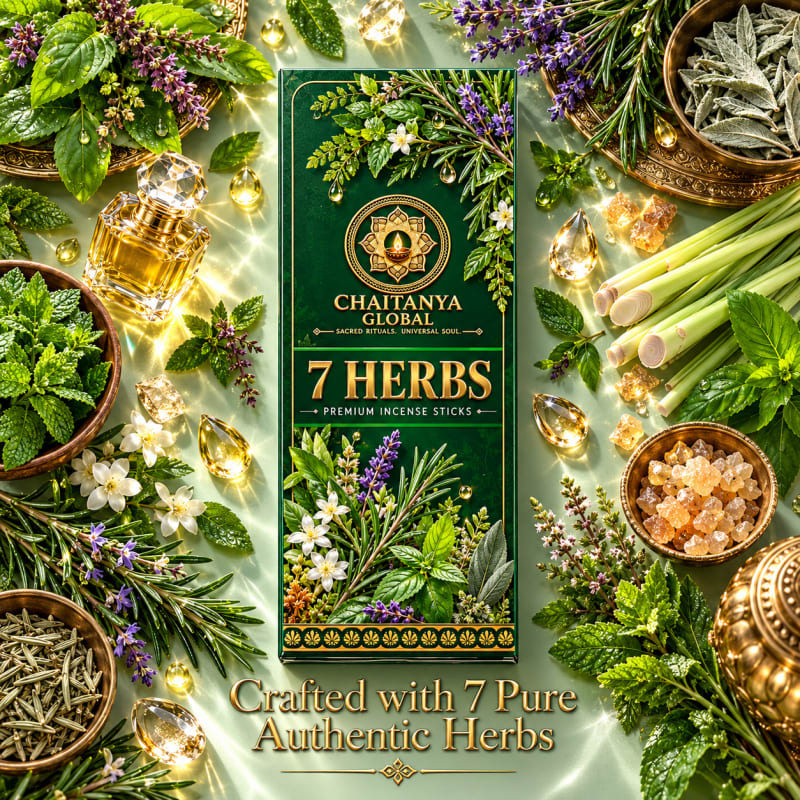 7 Herbs Luxury Incense, Chaitanya Global box with seven fresh herbs, lemongrass and resin