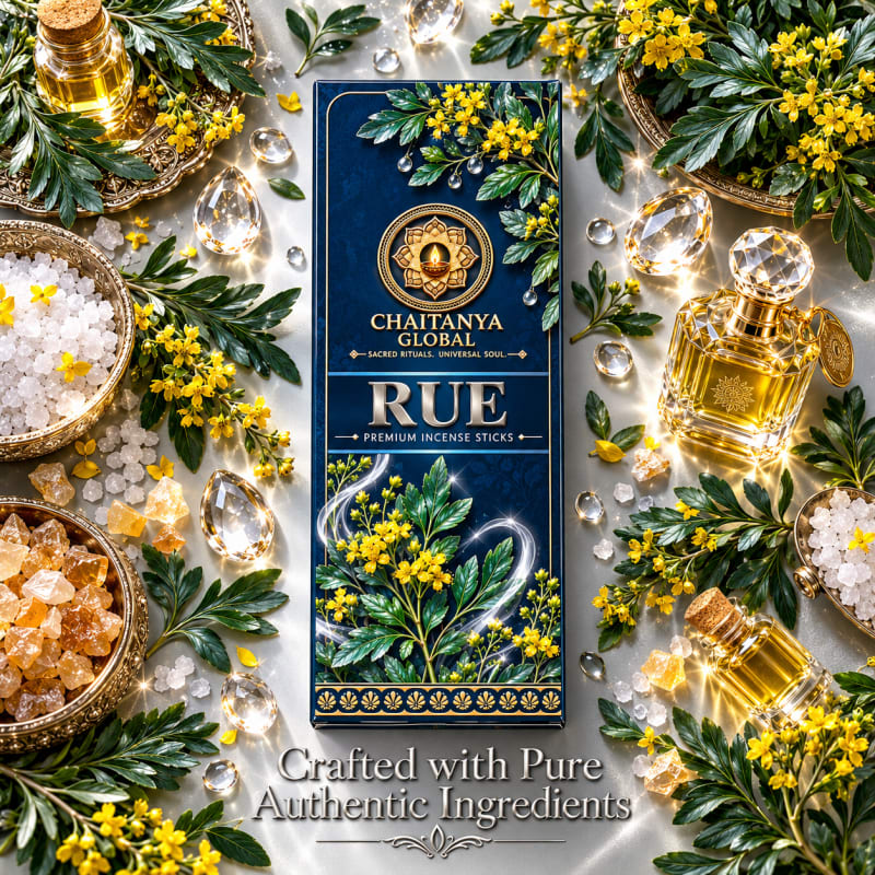 Rue Luxury Incense, Chaitanya Global box with rue leaves, yellow rue flowers and salt crystals