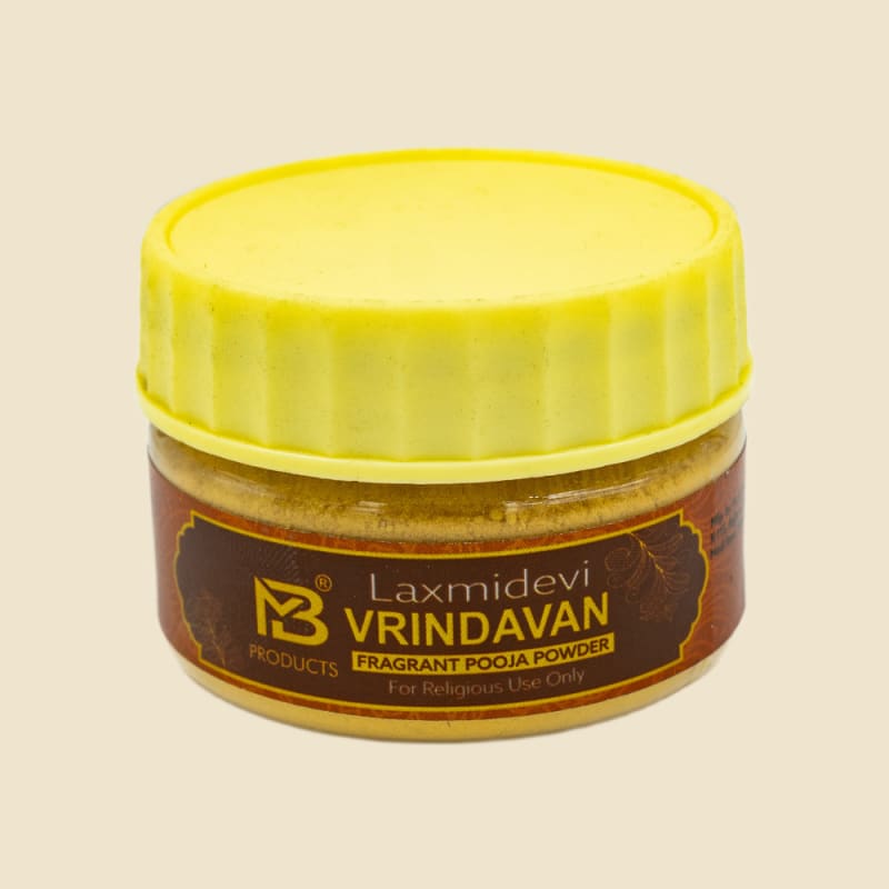 Laxmidevi Vrindavan Ashtagandh 25 g jar on a warm ivory background