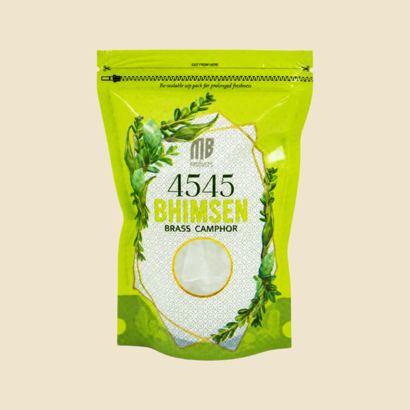 4545 Bhimsen Brass Camphor 200 g pouch on a warm ivory background