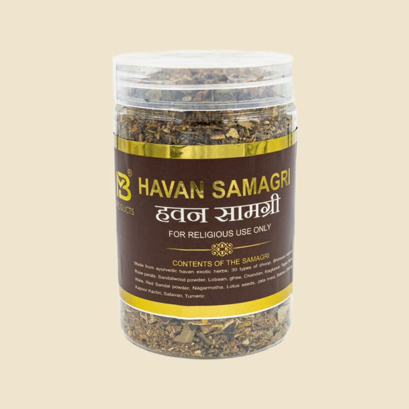 MB Products Havan Samagri jar on a warm ivory background