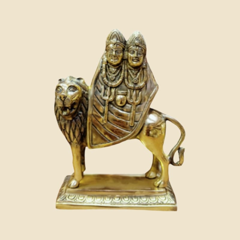 Brass Twin Goddesses on Lion on a warm ivory background