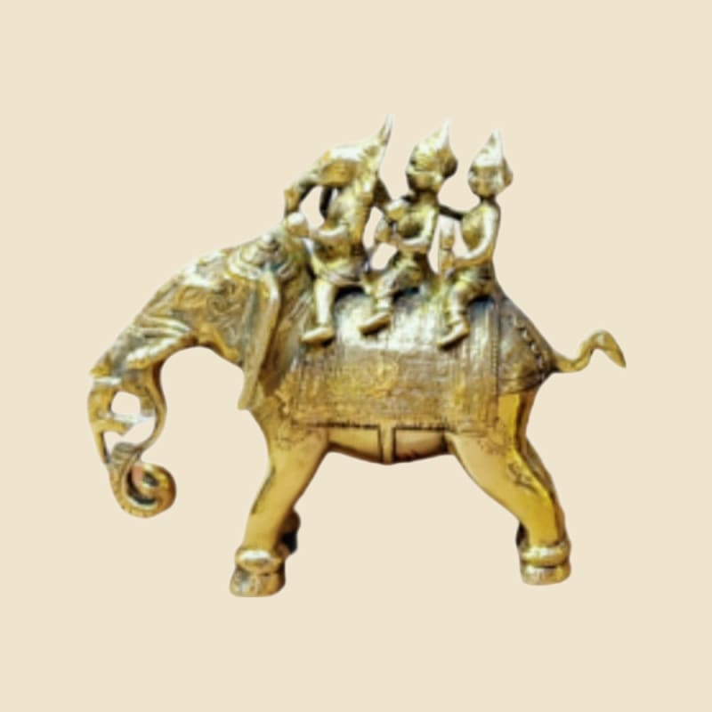 Brass Elephant with Deity Riders on a warm ivory background