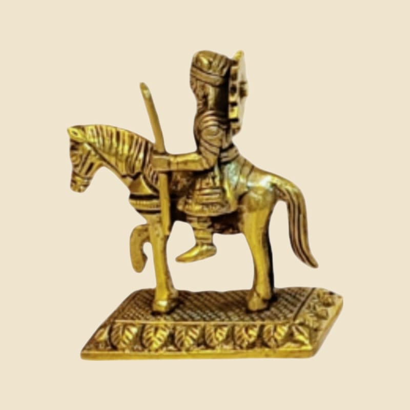 Small Brass Rajput Warrior on Horse on a warm ivory background