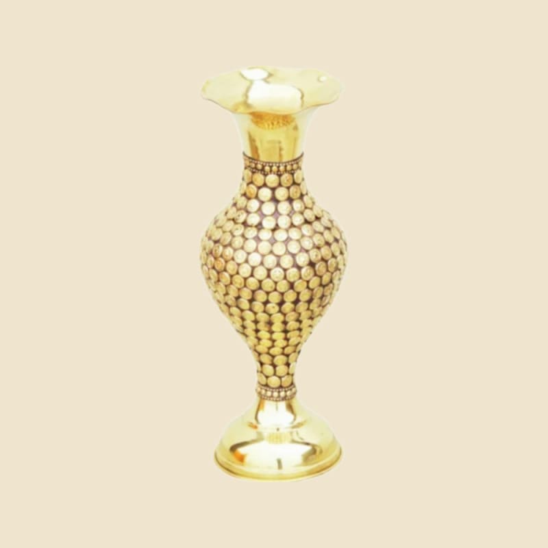 Bead-studded Brass Vase, Light Finish on a warm ivory background